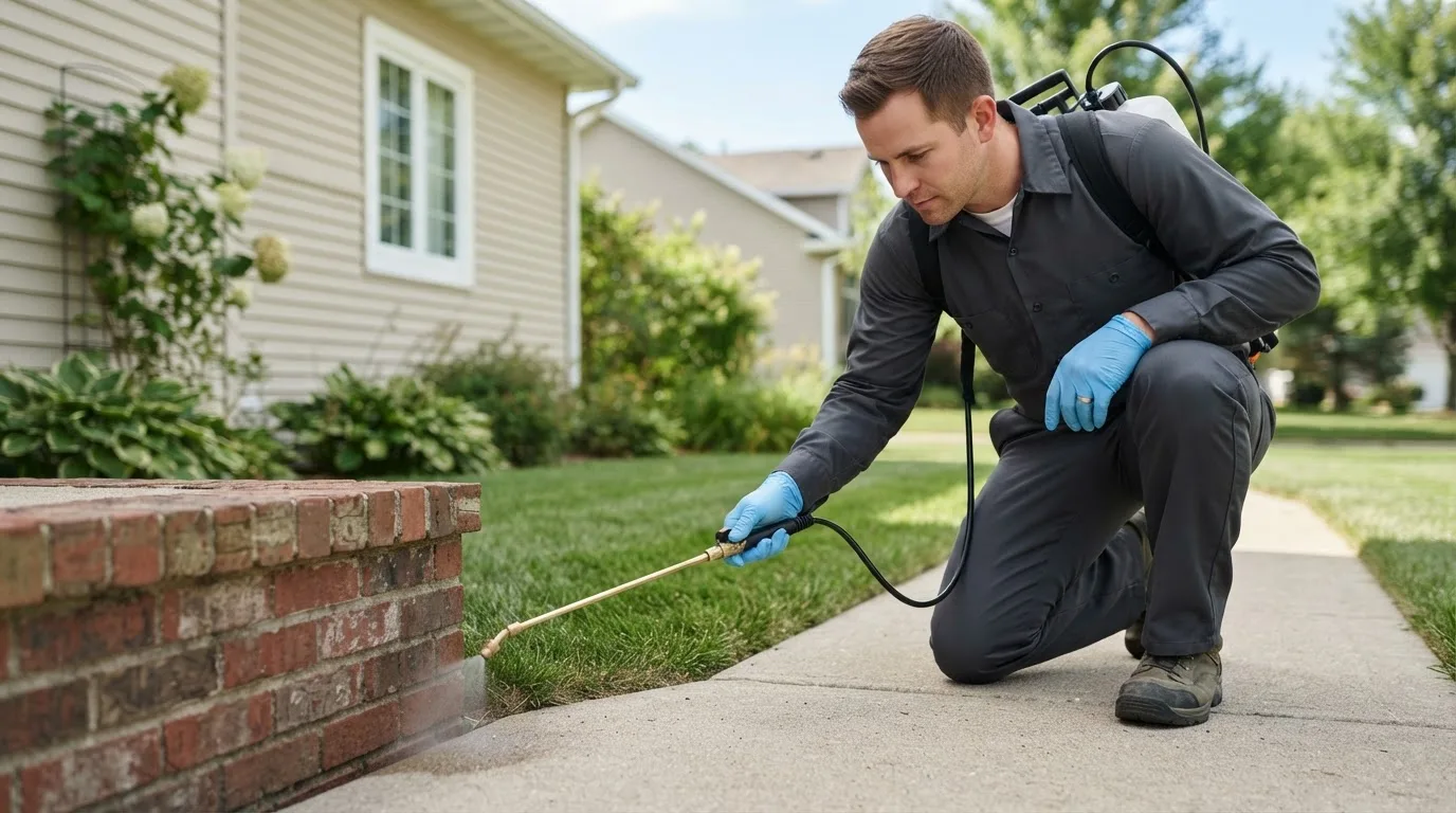 Pest control technician treating a home near De Tour Village, MI